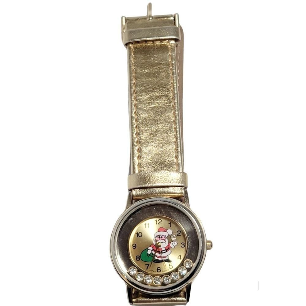 Santa Claus Christmas Holiday Watch Wristwatch Gold Band Moving Rhinestone WORKS